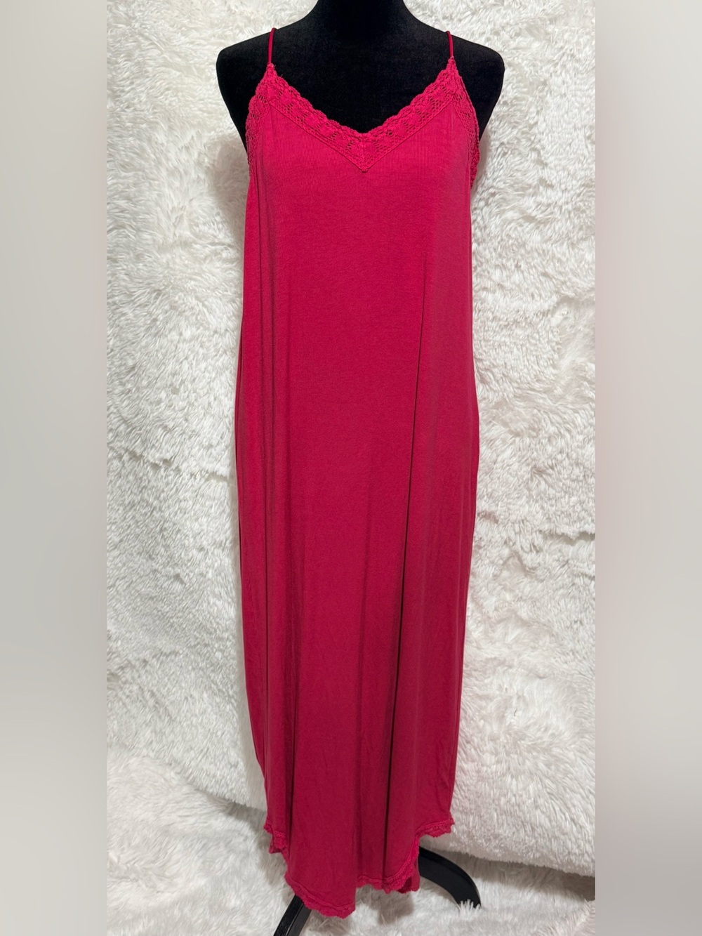 NWOT POL Hot Pink Maxi Dress with Crochet Lace Trim